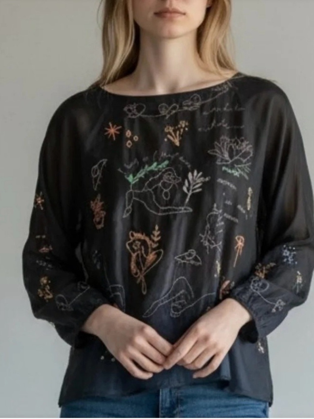 Johnny Was Embroidered Silk-Blouse